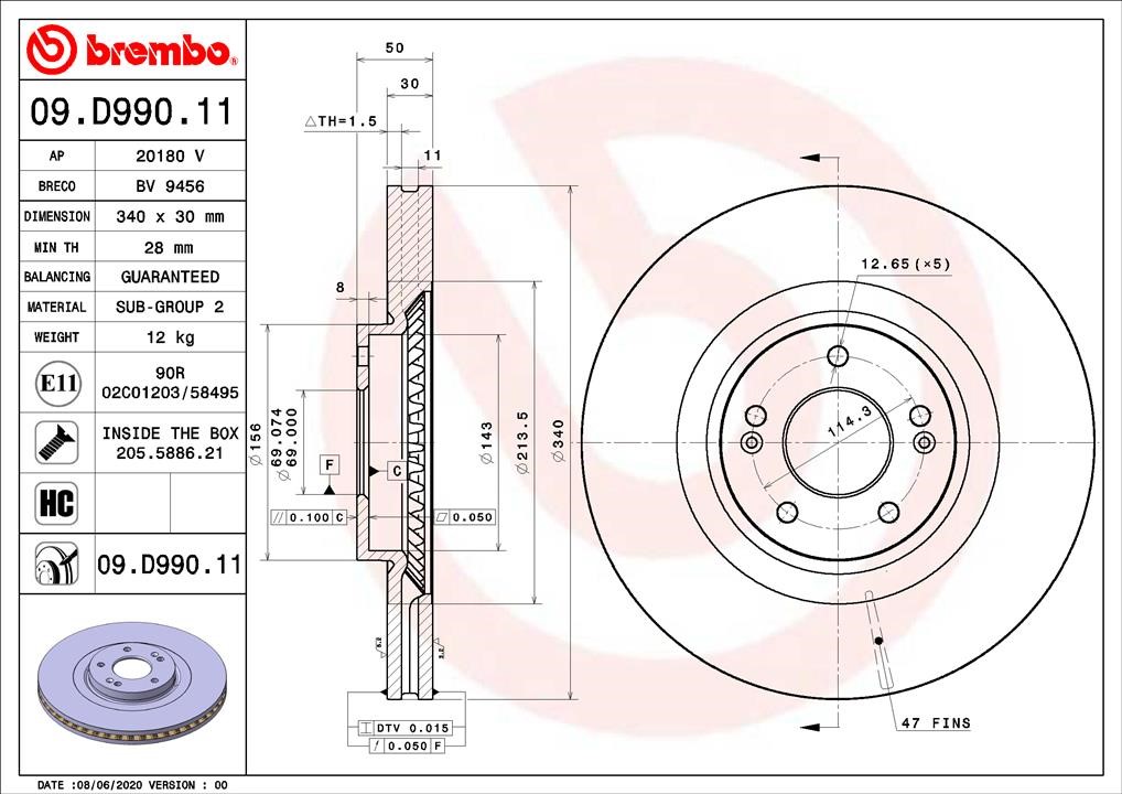 Brembo 09.D990.11 Диск гальмівний передній вентильований 09D99011: Купити в Україні - Добра ціна на EXIST.UA!