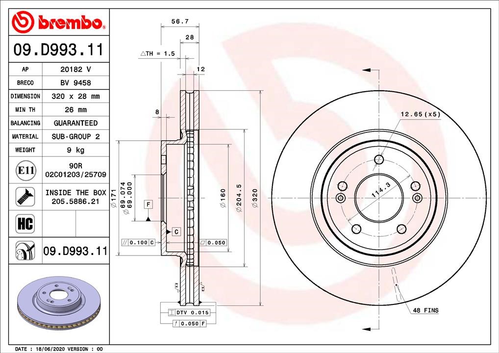 Brembo 09.D993.11 Диск гальмівний передній вентильований 09D99311: Купити в Україні - Добра ціна на EXIST.UA!