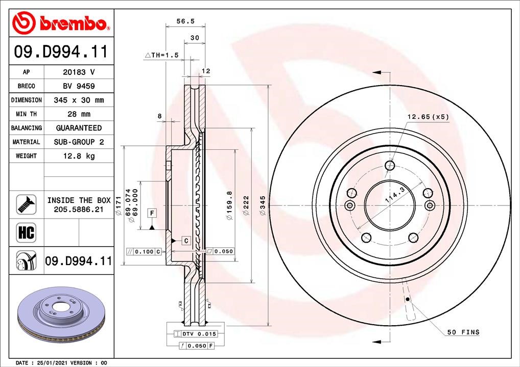 Brembo 09.D994.11 Диск гальмівний передній вентильований 09D99411: Купити в Україні - Добра ціна на EXIST.UA!