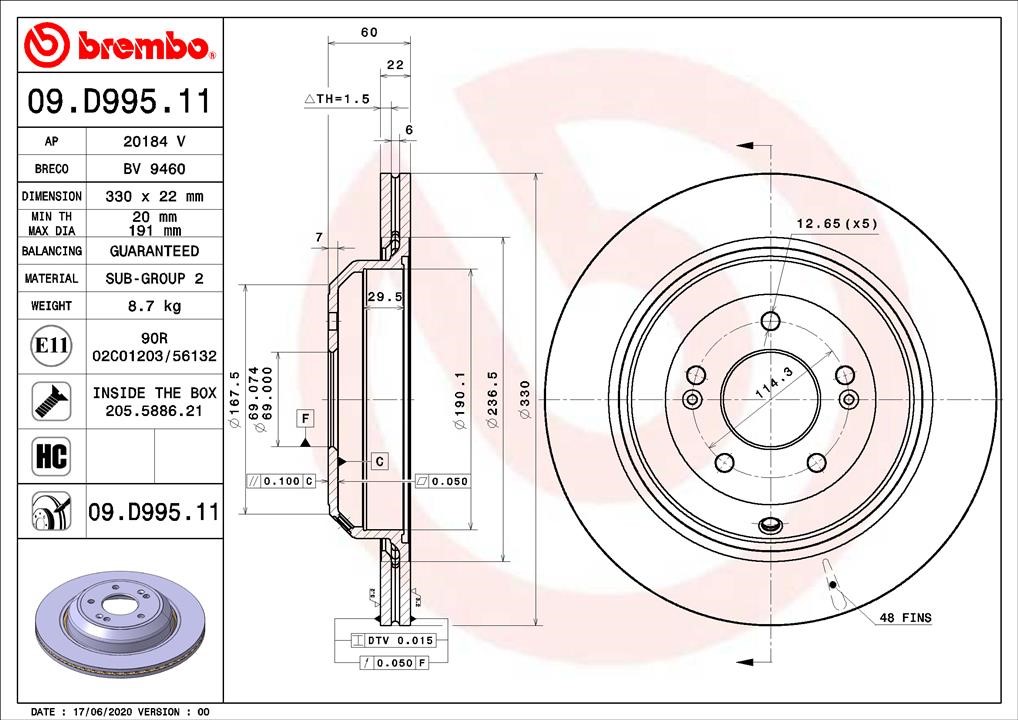 Brembo 09.D995.11 Диск гальмівний задній вентильований 09D99511: Купити в Україні - Добра ціна на EXIST.UA!
