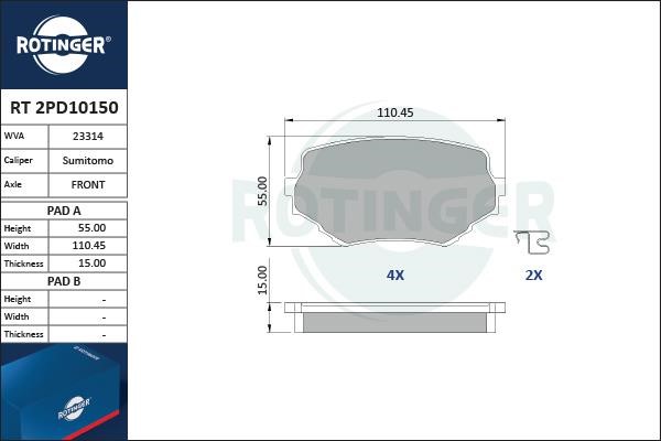 Rotinger RT 2PD10150 Гальмівні колодки, комплект RT2PD10150: Купити в Україні - Добра ціна на EXIST.UA!