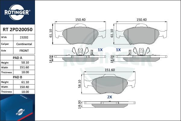 Rotinger RT 2PD20050 Гальмівні колодки, комплект RT2PD20050: Купити в Україні - Добра ціна на EXIST.UA!