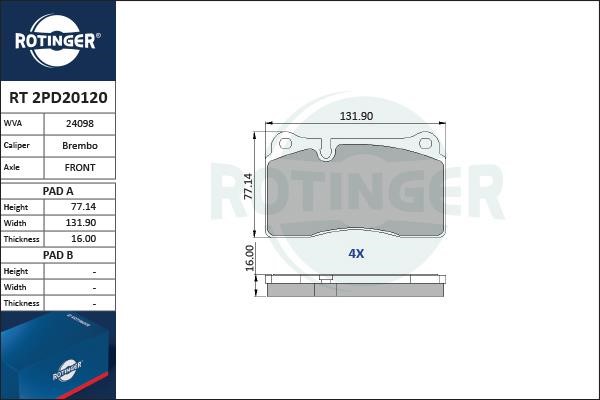 Rotinger RT 2PD20120 Гальмівні колодки, комплект RT2PD20120: Купити в Україні - Добра ціна на EXIST.UA!