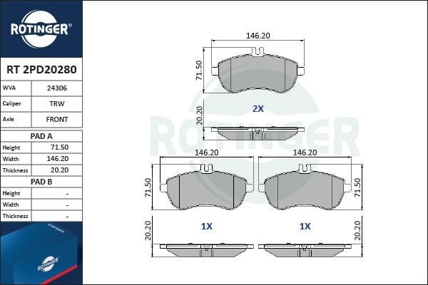 Rotinger RT 2PD20280 Гальмівні колодки, комплект RT2PD20280: Купити в Україні - Добра ціна на EXIST.UA!