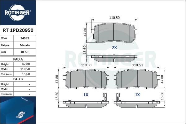 Rotinger RT 1PD20950 Гальмівні колодки, комплект RT1PD20950: Купити в Україні - Добра ціна на EXIST.UA!