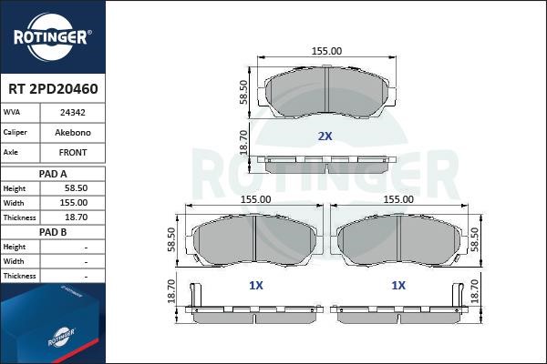 Rotinger RT 2PD20460 Гальмівні колодки, комплект RT2PD20460: Приваблива ціна - Купити в Україні на EXIST.UA!