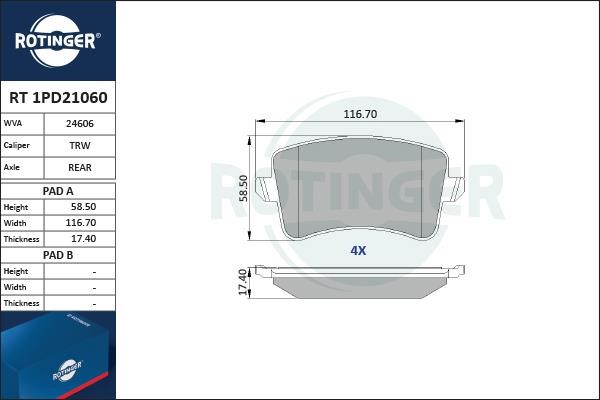 Rotinger RT 1PD21060 Гальмівні колодки, комплект RT1PD21060: Купити в Україні - Добра ціна на EXIST.UA!