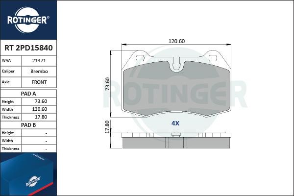 Rotinger RT 2PD15840 Гальмівні колодки, комплект RT2PD15840: Купити в Україні - Добра ціна на EXIST.UA!