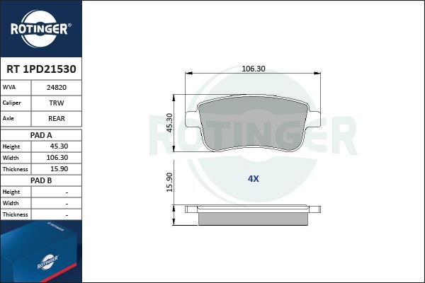 Rotinger RT 1PD21530 Гальмівні колодки, комплект RT1PD21530: Купити в Україні - Добра ціна на EXIST.UA!