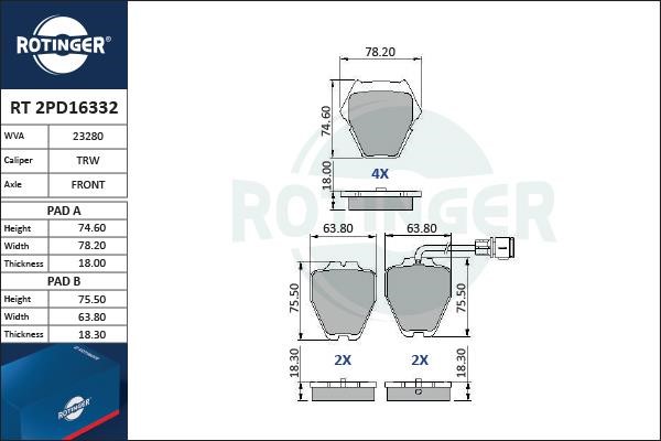 Rotinger RT 2PD16332 Гальмівні колодки, комплект RT2PD16332: Купити в Україні - Добра ціна на EXIST.UA!