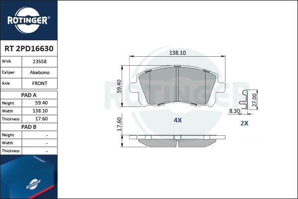 Rotinger RT 2PD16630 Гальмівні колодки, комплект RT2PD16630: Купити в Україні - Добра ціна на EXIST.UA!