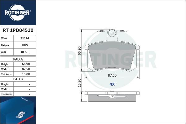 Rotinger RT 1PD04510 Гальмівні колодки, комплект RT1PD04510: Купити в Україні - Добра ціна на EXIST.UA!