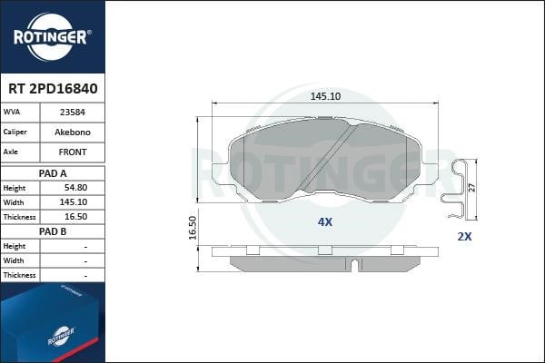 Rotinger RT 2PD16840 Гальмівні колодки, комплект RT2PD16840: Приваблива ціна - Купити в Україні на EXIST.UA!