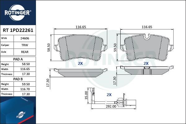 Rotinger RT 1PD22261 Гальмівні колодки, комплект RT1PD22261: Приваблива ціна - Купити в Україні на EXIST.UA!
