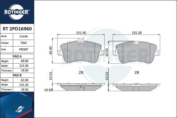 Rotinger RT 2PD16960 Гальмівні колодки, комплект RT2PD16960: Купити в Україні - Добра ціна на EXIST.UA!