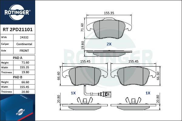Rotinger RT 2PD21101 Гальмівні колодки, комплект RT2PD21101: Купити в Україні - Добра ціна на EXIST.UA!