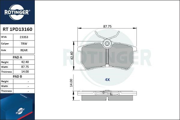 Rotinger RT 1PD13160 Гальмівні колодки, комплект RT1PD13160: Купити в Україні - Добра ціна на EXIST.UA!