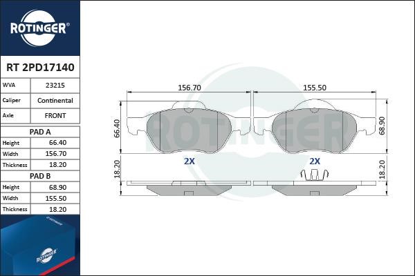 Rotinger RT 2PD17140 Гальмівні колодки, комплект RT2PD17140: Купити в Україні - Добра ціна на EXIST.UA!