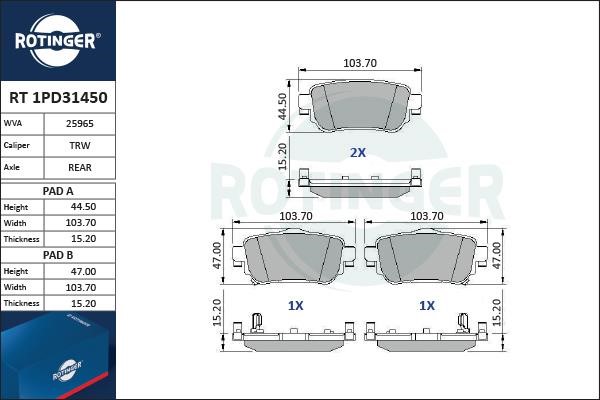 Rotinger RT 1PD31450 Гальмівні колодки, комплект RT1PD31450: Купити в Україні - Добра ціна на EXIST.UA!