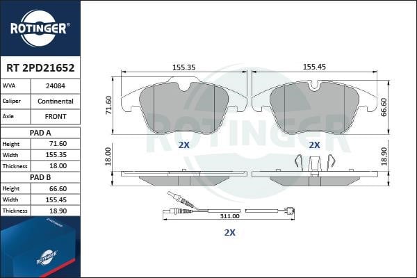 Rotinger RT 2PD21652 Гальмівні колодки, комплект RT2PD21652: Купити в Україні - Добра ціна на EXIST.UA!