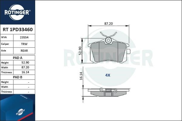 Rotinger RT 1PD33460 Гальмівні колодки задні, комплект RT1PD33460: Приваблива ціна - Купити в Україні на EXIST.UA!