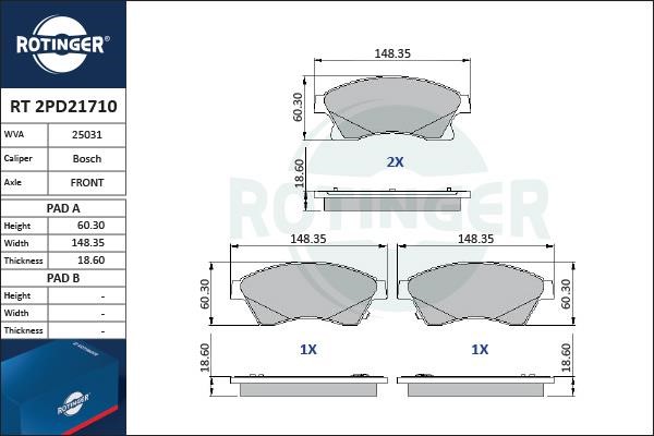 Rotinger RT 2PD21710 Гальмівні колодки, комплект RT2PD21710: Купити в Україні - Добра ціна на EXIST.UA!