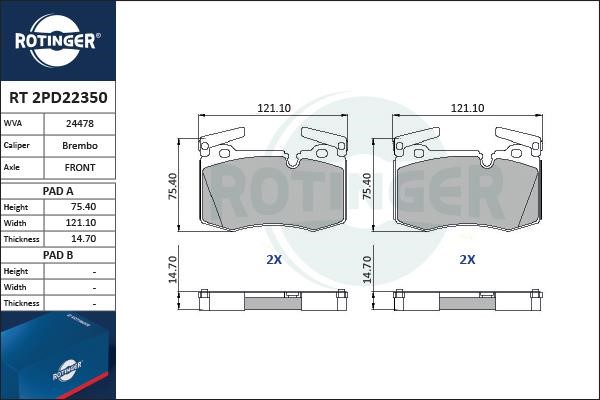 Rotinger RT 2PD22350 Гальмівні колодки, комплект RT2PD22350: Купити в Україні - Добра ціна на EXIST.UA!