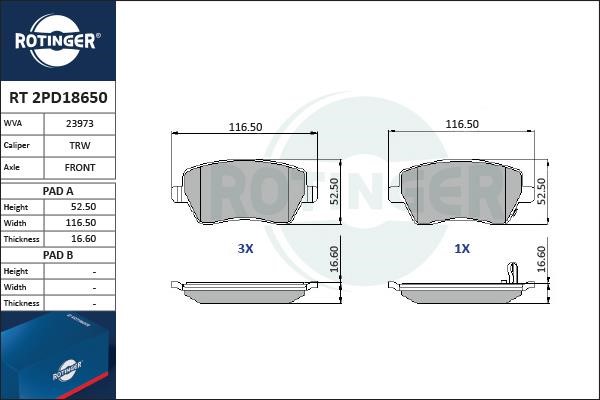 Rotinger RT 2PD18650 Гальмівні колодки, комплект RT2PD18650: Купити в Україні - Добра ціна на EXIST.UA!