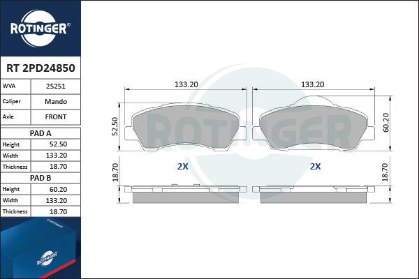 Rotinger RT 2PD24850 Гальмівні колодки, комплект RT2PD24850: Приваблива ціна - Купити в Україні на EXIST.UA!