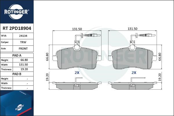 Rotinger RT 2PD18904 Гальмівні колодки, комплект RT2PD18904: Купити в Україні - Добра ціна на EXIST.UA!
