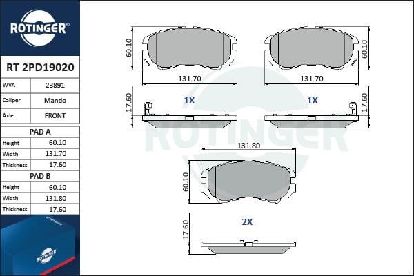 Rotinger RT 2PD19020 Гальмівні колодки, комплект RT2PD19020: Купити в Україні - Добра ціна на EXIST.UA!