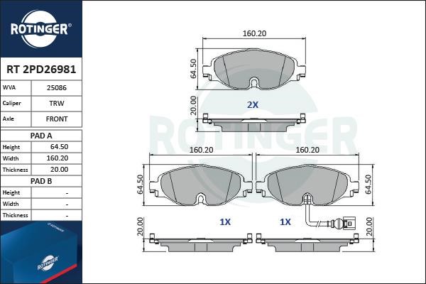 Rotinger RT 2PD26981 Гальмівні колодки, комплект RT2PD26981: Купити в Україні - Добра ціна на EXIST.UA!