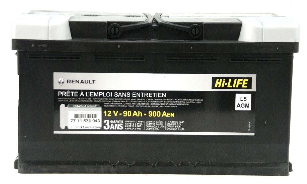 Батарея аккумуляторная Renault AGM 12В 90Ач 900А(EN) R+ Renault 7711574043