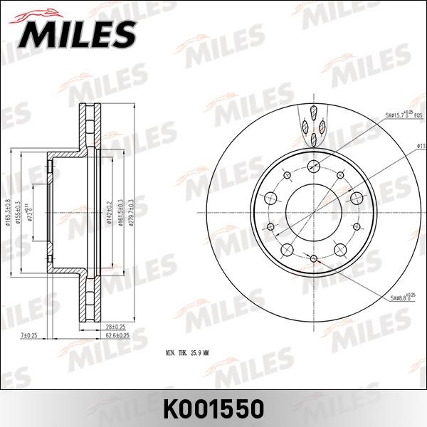 Miles K001550 Диск гальмівний передній вентильований K001550: Купити в Україні - Добра ціна на EXIST.UA!