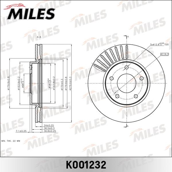 Miles K001232 Диск гальмівний передній вентильований K001232: Купити в Україні - Добра ціна на EXIST.UA!
