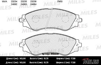 Miles E100032 Гальмівні колодки, комплект E100032: Купити в Україні - Добра ціна на EXIST.UA!