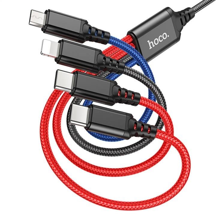 Hoco 6931474768650 Кабель Hoco X76 USB to iP+Type-C+Type-C+Micro 2A, 1m, nylon, aluminum connectors Black+Red+Blue 6931474768650: Купити в Україні - Добра ціна на EXIST.UA!