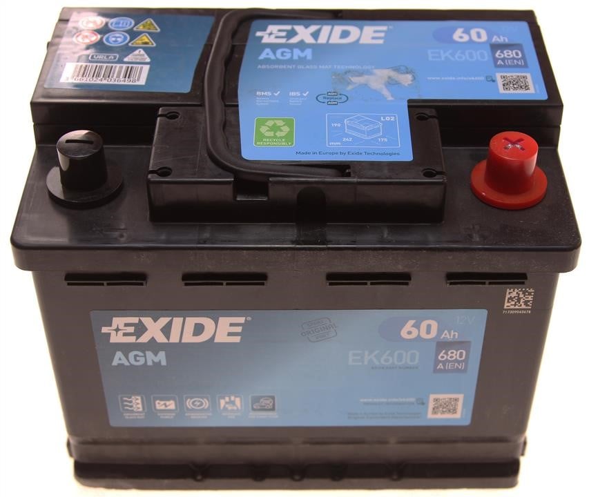 Exide EK600 Акумулятор Exide Start-Stop AGM 12В 60Ач 680А(EN) R+ EK600: Купити в Україні - Добра ціна на EXIST.UA!