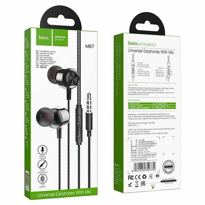 Hoco Навушники HOCO M87 String wired earphones with with microphone Gloomy Black – ціна