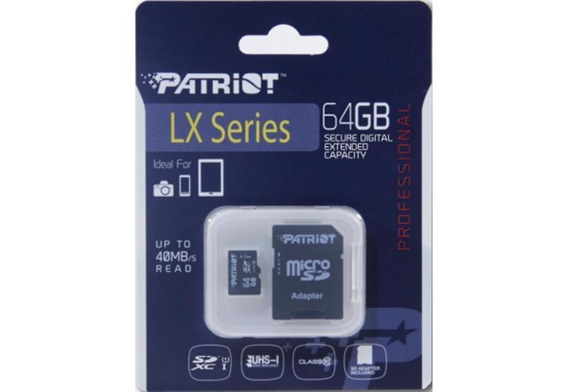 Карта MicroSDXC (UHS-1) Patriot LX Series 64Gb class 10 (adapter SD) Patriot PSF64GMCSDXC10