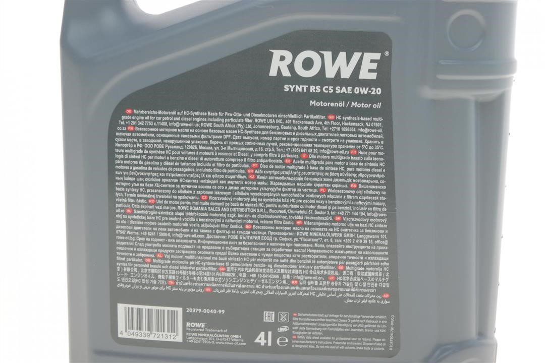 Моторна олива ROWE HIGHTEC SYNT RS C5 0W-20, 4л Rowe 20379-0040-99