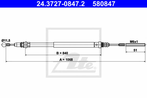 Ate 24.3727-0847.2 Трос ручного гальма 24372708472: Приваблива ціна - Купити в Україні на EXIST.UA! 24372708472 Ate Трос ручного гальма