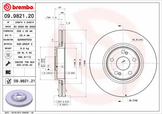 Тормозной диск вентилируемый, 1 шт. Brembo 09.9821.21