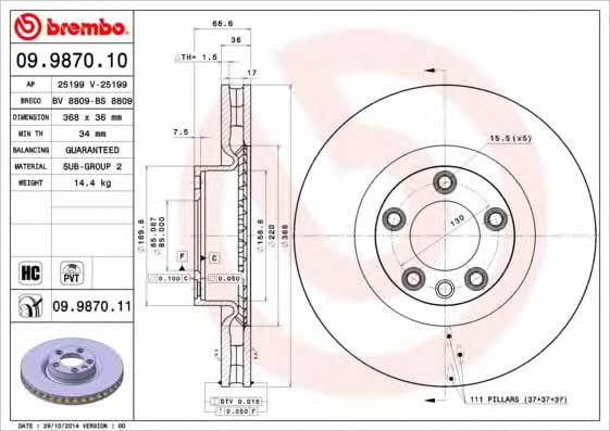 Тормозной диск вентилируемый, 1 шт. Brembo 09.9870.11