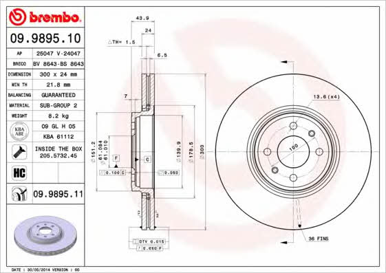 Тормозной диск вентилируемый, 1 шт. Brembo 09.9895.10