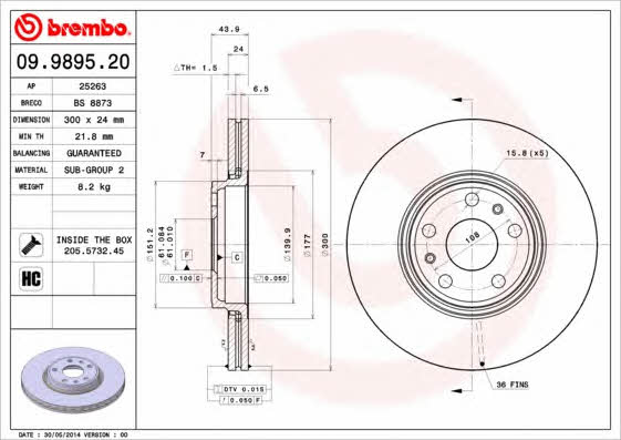 Тормозной диск вентилируемый, 1 шт. Brembo 09.9895.20