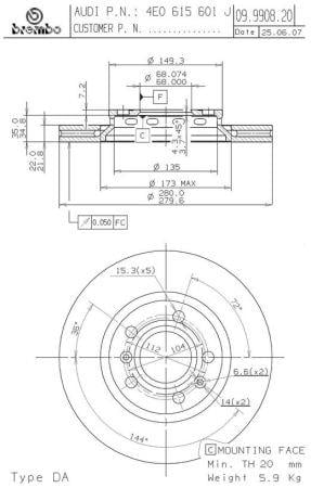 Тормозной диск задний вентилируемый Brembo 09.9908.21