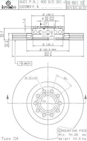 Тормозной диск вентилируемый, 1 шт. Brembo 09.9911.11