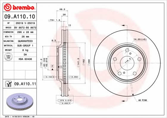 Тормозной диск вентилируемый, 1 шт. Brembo 09.A110.11