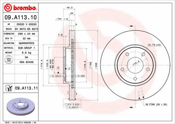 Тормозной диск вентилируемый, 1 шт. Brembo 09.A113.11